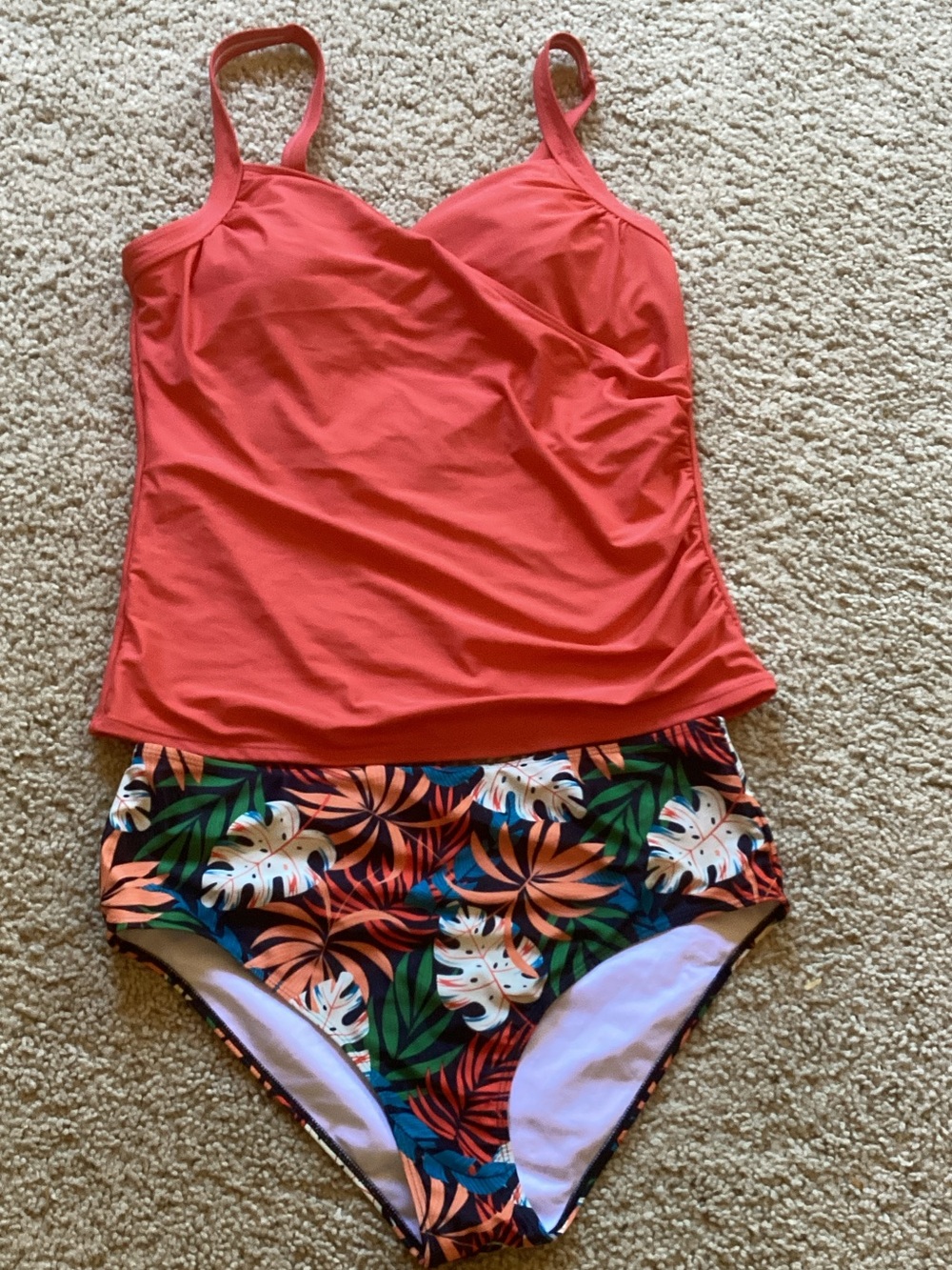 Coral Tankini Top with Tropical High-Waist Bikini Bottom